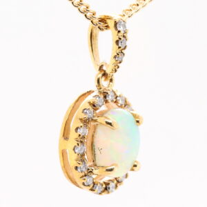 Blue Orange and Green Yellow Gold Solid Australian Crystal Opal Necklace Pendant with Diamonds