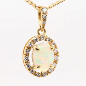 Blue Orange and Green Yellow Gold Solid Australian Crystal Opal Necklace Pendant with Diamonds