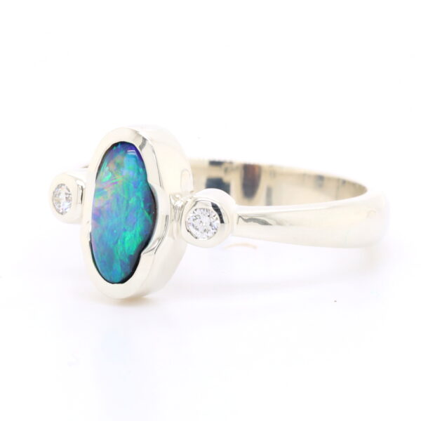 Blue and Green White Gold Solid Australian Black Opal Engagement Ring with Diamonds