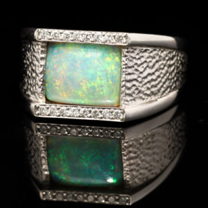 White Gold Blue Green Yellow Orange Solid Australian Crystal Opal and Diamond Mens Ring