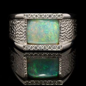 White Gold Blue Green Yellow Orange Solid Australian Crystal Opal and Diamond Mens Ring