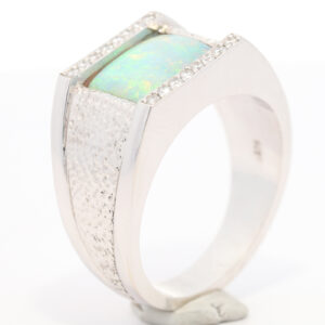 White Gold Blue Green Yellow Orange Solid Australian Crystal Opal and Diamond Mens Ring
