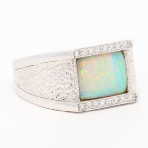 White Gold Blue Green Yellow Orange Solid Australian Crystal Opal and Diamond Mens Ring