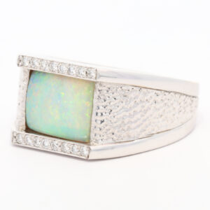 White Gold Blue Green Yellow Orange Solid Australian Crystal Opal and Diamond Mens Ring
