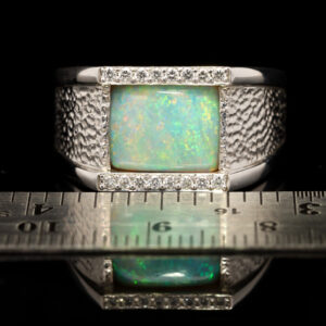 White Gold Blue Green Yellow Orange Solid Australian Crystal Opal and Diamond Mens Ring