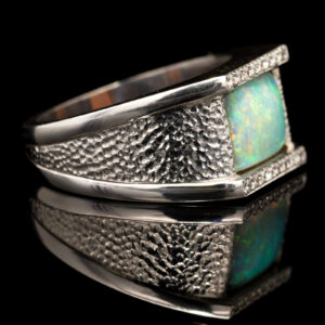 White Gold Blue Green Yellow Orange Solid Australian Crystal Opal and Diamond Mens Ring