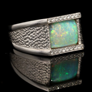 White Gold Blue Green Yellow Orange Solid Australian Crystal Opal and Diamond Mens Ring