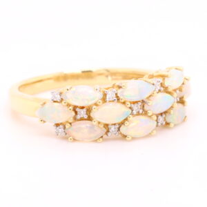 Blue and Green Pink Yellow Gold Solid Australian Crystal Opal Ring with Diamonds