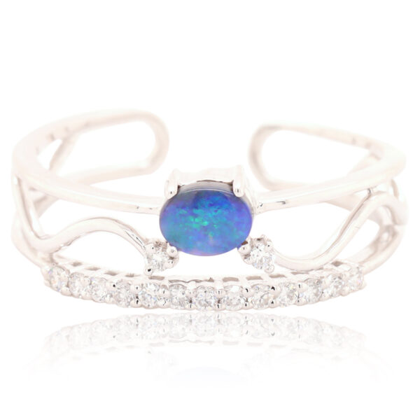 Blue and Green White Gold Solid Australian Black Opal Ring with Diamonds