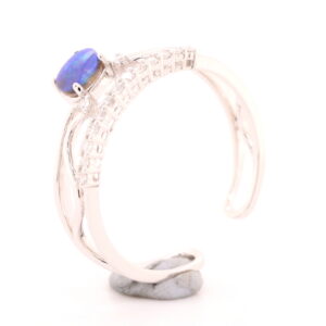Blue and Green White Gold Solid Australian Black Opal Ring with Diamonds