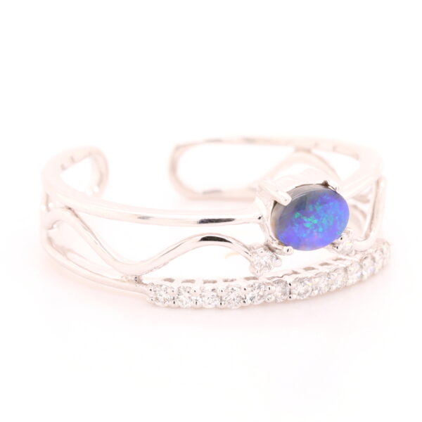 Blue and Green White Gold Solid Australian Black Opal Ring with Diamonds