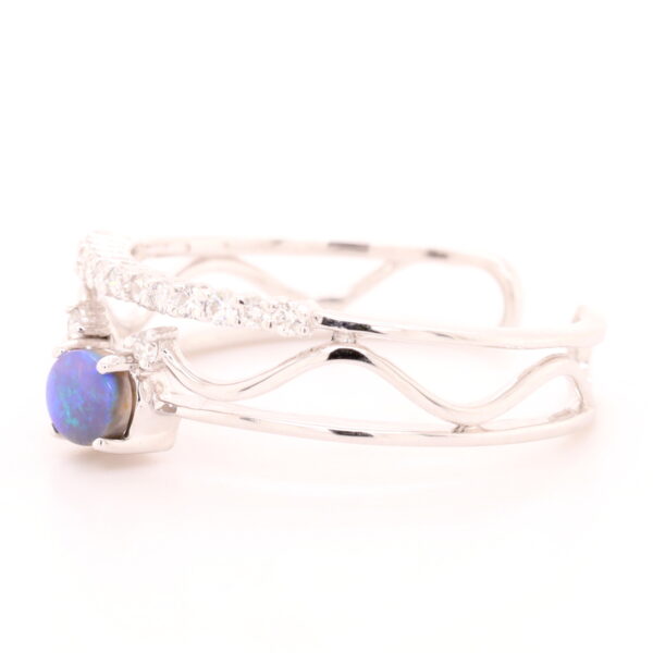 Blue and Green White Gold Solid Australian Black Opal Ring with Diamonds