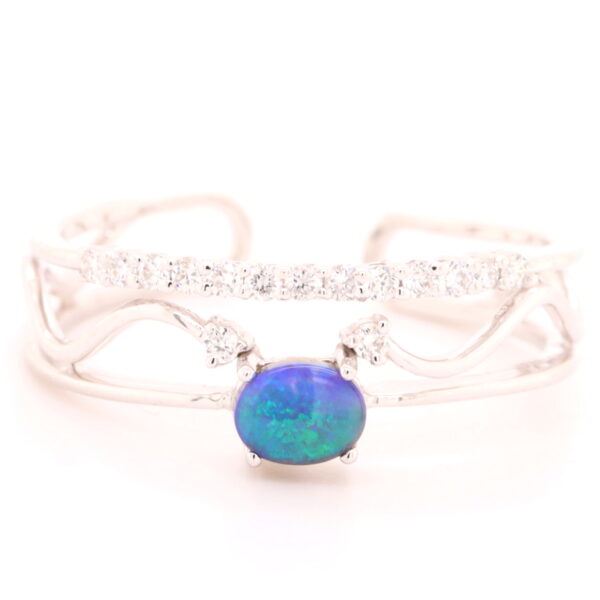 Blue and Green White Gold Solid Australian Black Opal Ring with Diamonds