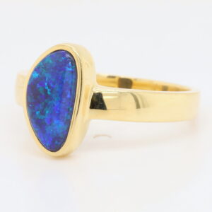 Green and Blue Yellow Gold Solid Australian Black Opal Engagement Ring