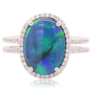 Blue and Green White Gold Solid Australian Black Opal Engagement Ring with Diamonds