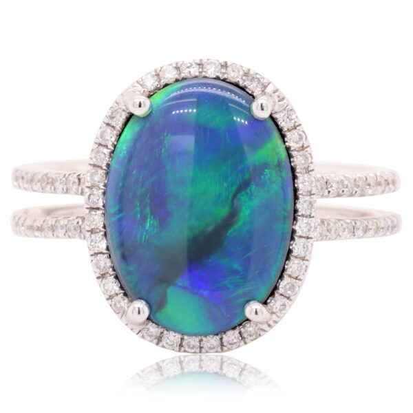 Blue and Green White Gold Solid Australian Black Opal Engagement Ring with Diamonds