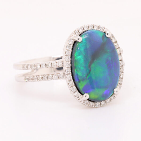 Blue and Green White Gold Solid Australian Black Opal Engagement Ring with Diamonds