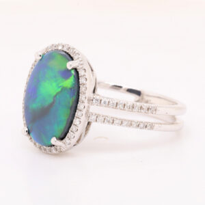 Blue and Green White Gold Solid Australian Black Opal Engagement Ring with Diamonds