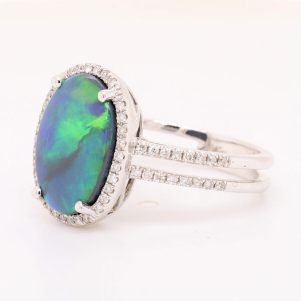 Blue and Green White Gold Solid Australian Black Opal Engagement Ring with Diamonds