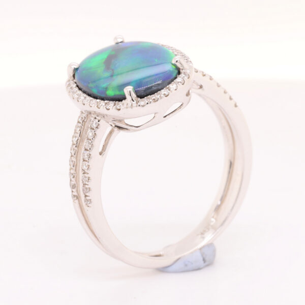 Blue and Green White Gold Solid Australian Black Opal Engagement Ring with Diamonds