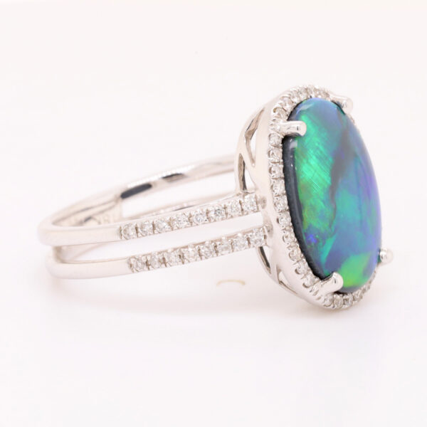 Blue and Green White Gold Solid Australian Black Opal Engagement Ring with Diamonds