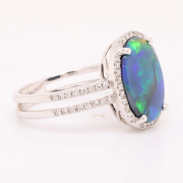 Blue and Green White Gold Solid Australian Black Opal Engagement Ring with Diamonds