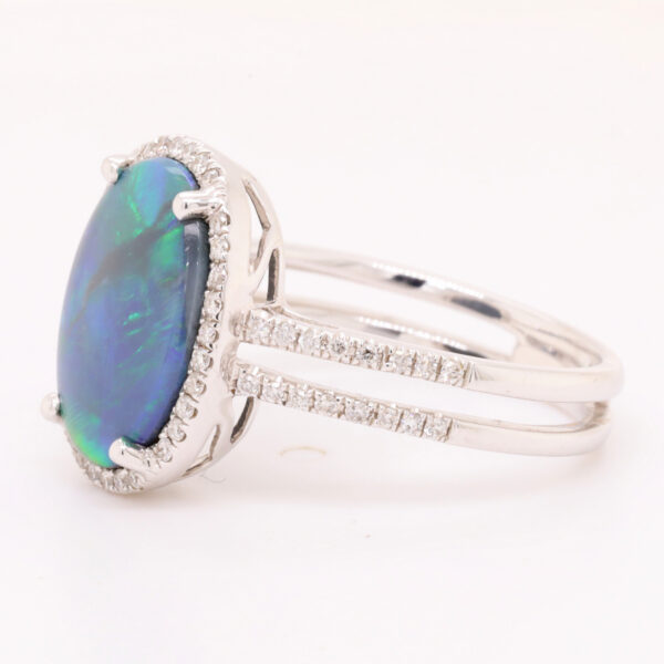 Blue and Green White Gold Solid Australian Black Opal Engagement Ring with Diamonds