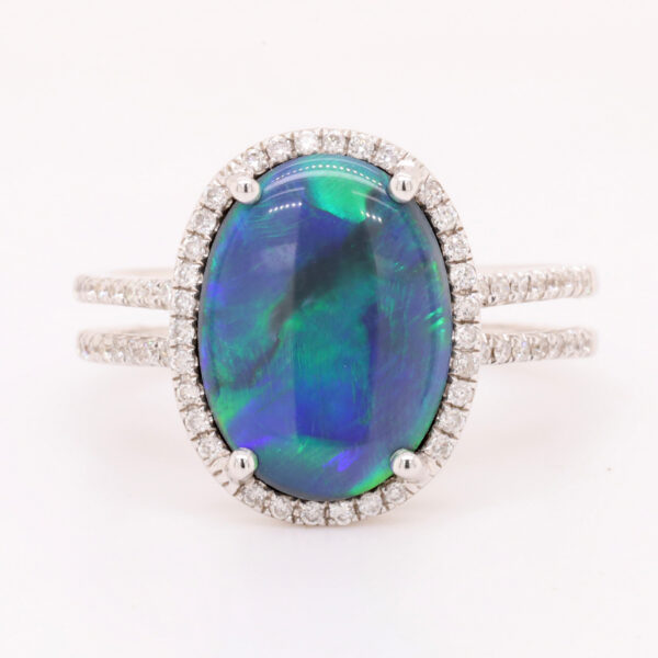 Blue and Green White Gold Solid Australian Black Opal Engagement Ring with Diamonds