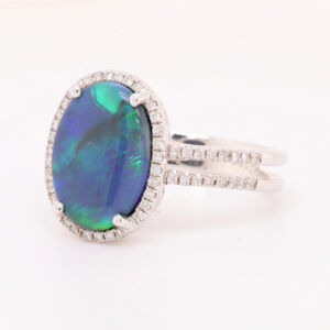 Blue and Green White Gold Solid Australian Black Opal Engagement Ring with Diamonds