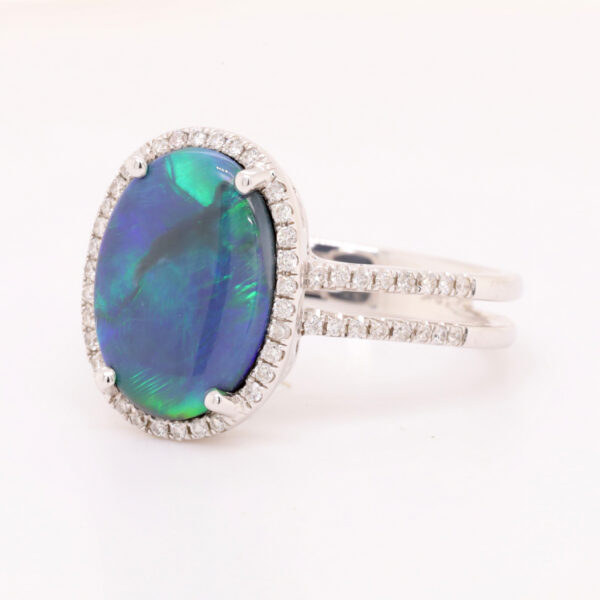 Blue and Green White Gold Solid Australian Black Opal Engagement Ring with Diamonds