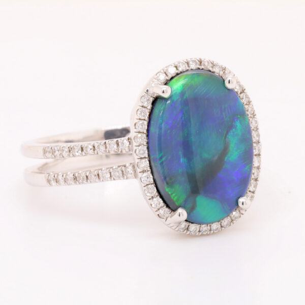 Blue and Green White Gold Solid Australian Black Opal Engagement Ring with Diamonds