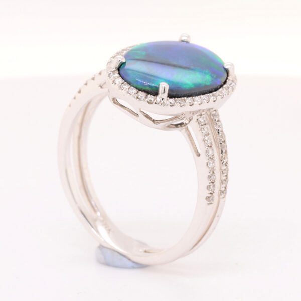 Blue and Green White Gold Solid Australian Black Opal Engagement Ring with Diamonds