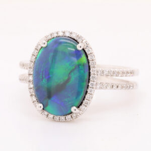 Blue and Green White Gold Solid Australian Black Opal Engagement Ring with Diamonds