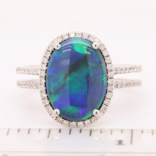 Blue and Green White Gold Solid Australian Black Opal Engagement Ring with Diamonds