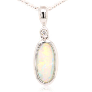 White Gold Blue Pink Green Solid Australian Crystal Opal Diamond Necklace Pendant