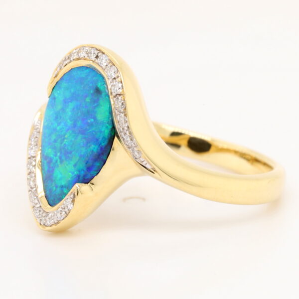 Green and Blue Yellow Gold Solid Australian Black Opal Engagement Ring with Diamonds
