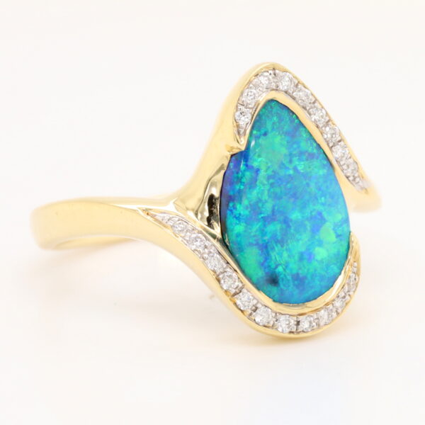 Green and Blue Yellow Gold Solid Australian Black Opal Engagement Ring with Diamonds