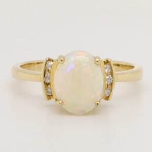 Blue Green and Pink Yellow Gold Solid Australian Crystal Opal Ring Engagement Ring with Diamonds