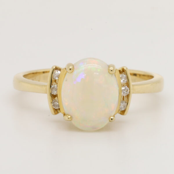 Blue Green and Pink Yellow Gold Solid Australian Crystal Opal Ring Engagement Ring with Diamonds