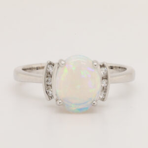 Blue and Green White Gold Solid Australian Crystal Opal Engagement Ring with Diamonds