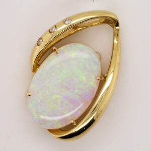 Blue Pink and Green Yellow Gold Solid Australian Crystal Opal Necklace Pendant with Diamonds