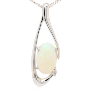 White Gold Blue Green Solid Australian Crystal Opal Diamond Necklace Pendant