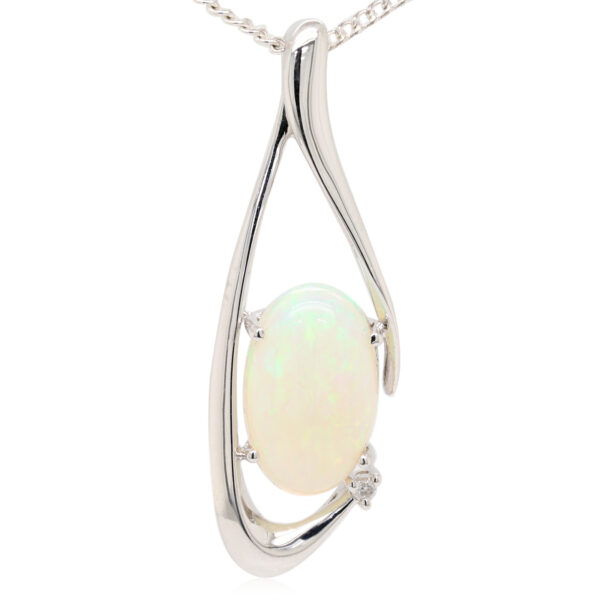 White Gold Blue Green Solid Australian Crystal Opal Diamond Necklace Pendant