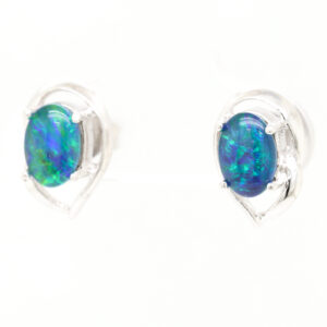 Green Blue Sterling Silver Australian Triplet Opal Stud Earrings