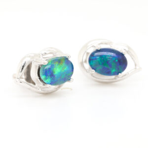 Green Blue Sterling Silver Australian Triplet Opal Stud Earrings