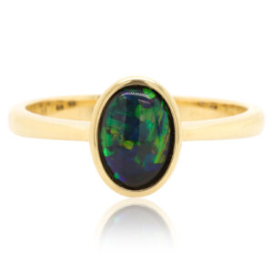 Blue and Green Yellow Gold Solid Australian Black Opal Engagement Ring