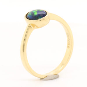 Blue and Green Yellow Gold Solid Australian Black Opal Engagement Ring