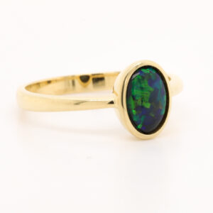 Blue and Green Yellow Gold Solid Australian Black Opal Engagement Ring