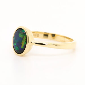 Blue and Green Yellow Gold Solid Australian Black Opal Engagement Ring