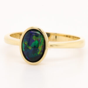 Blue and Green Yellow Gold Solid Australian Black Opal Engagement Ring